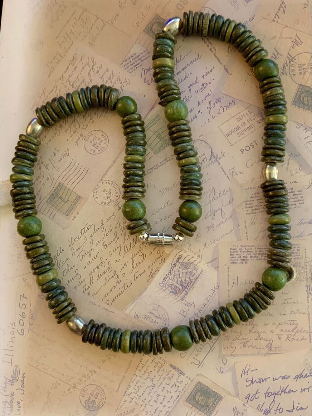Vintage Bohemian / Organic Olive Green Wooden Disc Bead Necklace Metallic Spacer